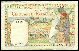 1942 Algeria 50 Francs Bank Note Kp 84 Very Fine
