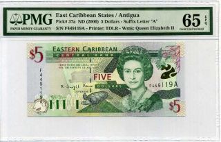 East Caribbean 5 Dollars Nd 2000 P 37 Antigua Gem Unc Pmg 65 Epq High