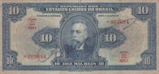 10 Mil Reis Vg Banknote From Brazil 1925 Pick - 39c Hand Signed
