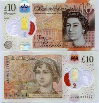 England Great Britain 10 Pounds 2016 / 2010 Polymer Sign Sarah P 395 B Unc Nr
