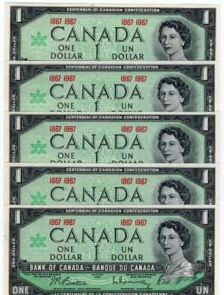 Canada 1867 - 1967 Centennial Of Canadian Confederation $1 One Dollar 5 Notes Unc