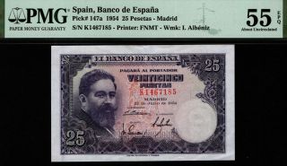 Tt Pk 147a 1954 Spain Banco De Espana 25 Pesetas I.  Albeniz Pmg 55 Epq About Unc
