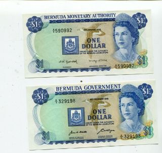 Bermuda 2 Notes 1 Dollar 1970 And 1982 Unc Nr 8.  25