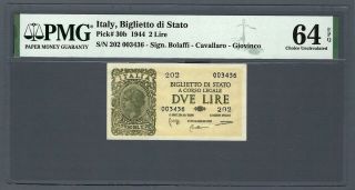 Italy 2 Lire 1944,  Biglietto Di Stato,  P - 30b,  Pmg 64 Epq Choice Unc,  Small Note
