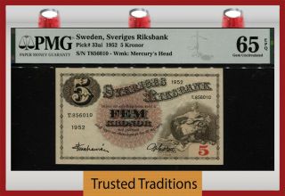Tt Pk 33ai 1952 Sweden Sveriges Riksbank 5 Kronor Gustaf Vasa Pmg 65 Epq Gem Unc