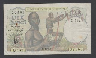 French West Africa 10 Francs 1954 Vf P.  37,  Banknote,  Circulated