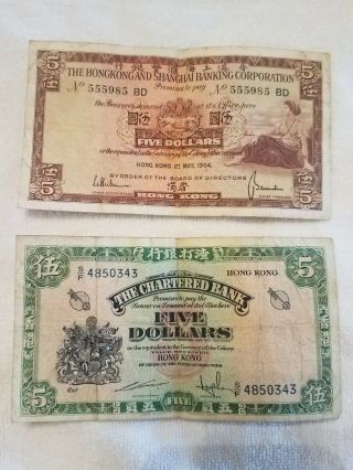 Hong Kong $5 The Chartered Bank Note & 1964 Shanghai Banking Corporation