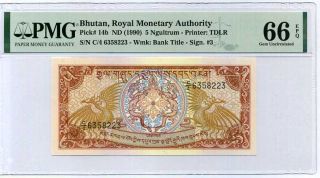 Bhutan 5 Ngultrum Nd 1990 P 14 B C/4 Gem Unc Pmg 66 Epq Label