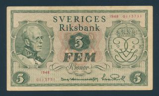 Sweden,  5 Kronor 1948 P - 41 Vf,