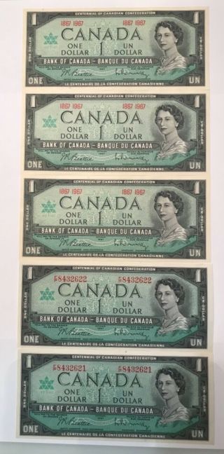 Canada Centennial 1867 - 1967 $1 One Dollar 5 Notes Unc,  2 W/consecutive Serial
