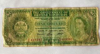 1972 British Honduras One $1 Dollar Banknote Elizabeth Ii Belize January 1972