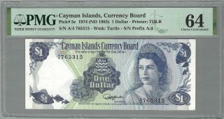 Cayman Islands $1 Dollar 1974 (1985),  P - 5c,  Pmg 64 Choice Unc,  Qeii Type,  A/4