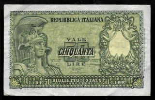 World Paper Money - Italy 50 Lire 1951 P91a @ Crisp Vf,