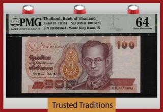 Tt Pk 97 Nd (1994) Thailand 100 Baht King Rama Ix Pmg 64 Choice Uncirculated