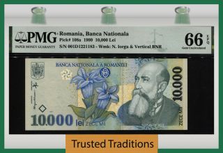 Tt Pk 108a 1999 Romania Banca Nationala 10000 Lei Pmg 66 Epq Gem Uncirculated