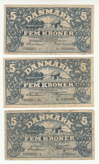 Denmark 3x5 Kroner 1942 Circ.  Different Signatures @