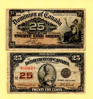 1900 & 1923 Dominion Of Canada Twenty Five Cent Notes " Shinplasters " L@@@k