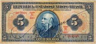 Brazil 5 Mil Reis Banknote (1925) Very Fine Pick 29 - B.  Branco " Handsigned