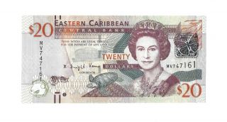 East Caribbean $20 Dollars 2012,  P - 53a Older Sec.  Stripe,  Unc,  Pretty Qeii Type