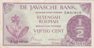 1/2 Gulden Vf Banknote From Netherlands Indies/javasche Bank 1948 Pick - 97