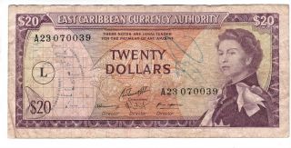 Eastern Caribbean $20 Dollars Vf Banknote (1965 Nd) P - 15i St Lucia Prefix A19
