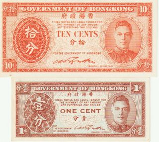Hong Kong - Government,  1 & 10 Cents Banknote 1945 Choice Uncirculated,  P 321 & 323