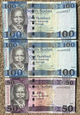 South Sudan: 2 X 100,  1 X 50 Pounds Banknote In Aunc - 2015.  Ssp