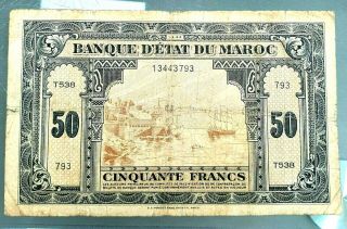 Morocco 50 Francs Banknote,  1925,  P - 13a Ships With Tracking Number