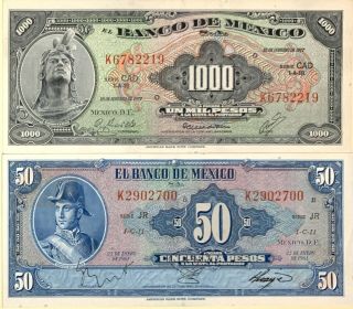 Mexico Paper Money 50 - 1000 Pesos 1961 - 1977 P - 49m P - 52t Au - Unc
