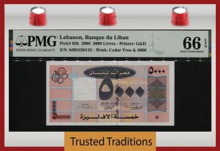 Tt Pk 85b 2008 Lebanon Banque Du Liban 5000 Livres Pmg 66 Epq Gem Uncirculated