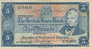 British Linen Bank Scotland 5 Pounds 1968 Good Vf