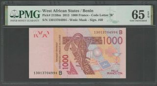 West African 1000 Francs 2013 P215bm Uncirculated Graded 65