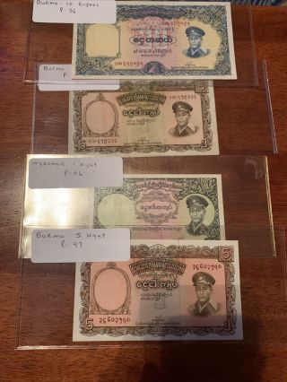 Myanmar Burma 1 5 10 Kyat 1958 Xf Aunc P 46 47 51 Banknote