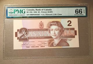 Canada Bc - 55b 1986 $2 Dollars Thiessen | Crow Pmg 66 Epq S/n Bbp8395597