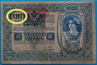 Austria,  Austro - Hungary ; 1000 Kronen 1902,  With Overprint " Echt ",  P - 58,  F/vf