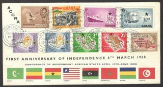 Ghana 1958 1st Anniversary Of Independence Commemorative Cover With Several Sets