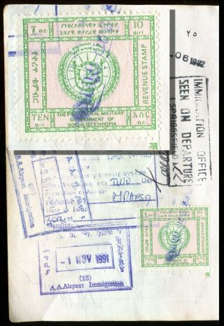 Ethiopia Revenue Stamp On Passport Page,  10 Birr