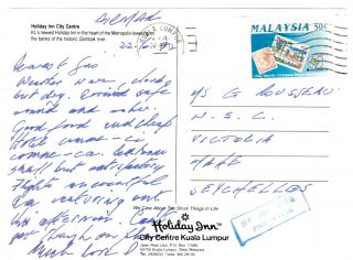 Malaysia To Seychelles - Holiday Inn,  Kuala Lumpur 1992 Postcard To Victoria
