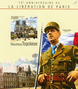 Wwii 1944 Liberation Of Paris Charles De Gaulle & Tank Stamp Sheet (2014 Togo)