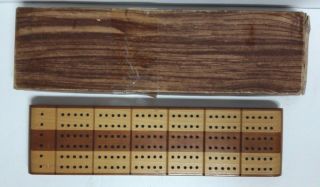 Vintage Horn Wooden Cribbage Board With Directions,  5 Pegs,  And Box.