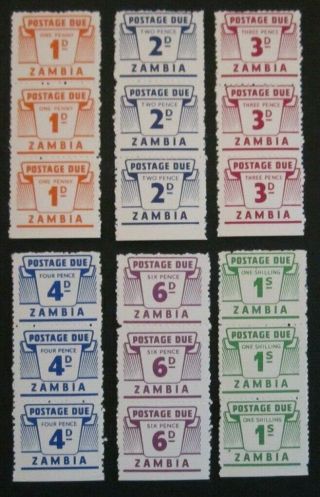 Zambia 1964 Postage Due D11 - D16 Set In Trios.  Top Stamp Mh Bottom Two Mnh.