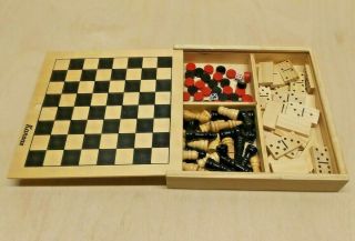 Vintage Hand - Made Real Wood Multi - Game Travel Set Chess Backgammon Dominoes Rare