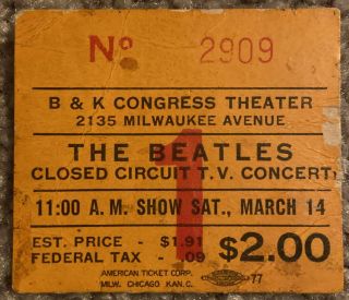 The Beatles Closed Circuit Tv Concert Ticket Stub (1964) At Congress In Chicago