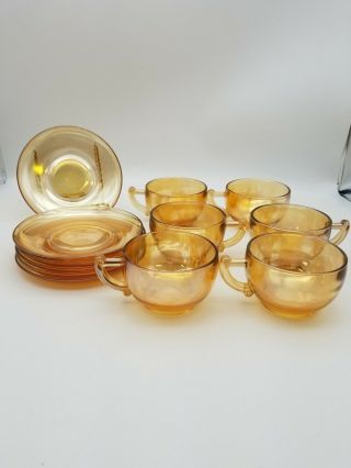 Vintage Jeanette Glass Marigold Iridescent Teacups And Saucers,  Set Of 6