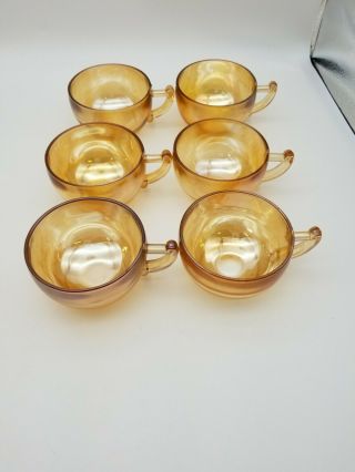 Vintage Jeanette Glass Marigold Iridescent teacups And Saucers,  Set Of 6 2