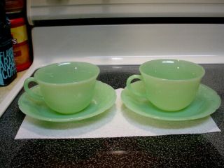 Vintage Set Of 2 Alice Jadeite Fire King Cups And Saucers