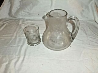 Vintage Tumble - Up Night Stand Water Pitcher & Tumbler Etched Glass Set