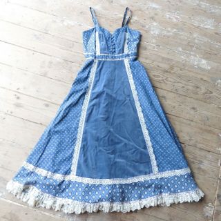 Vintage Gunne Sax Calico Prairie Dress W Skinny Shoulder Straps Velveteen & Lace