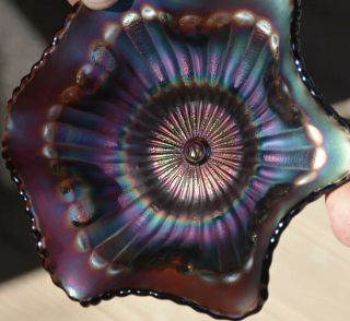 Antique Northwood Stippled Rays Amethyst Carnival Glass Bowl Signed
