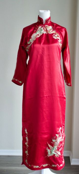 Vtg 60s Silk Caftan Qipao Cheongsam Chinese Dress Embroidered Dragon Maxi S